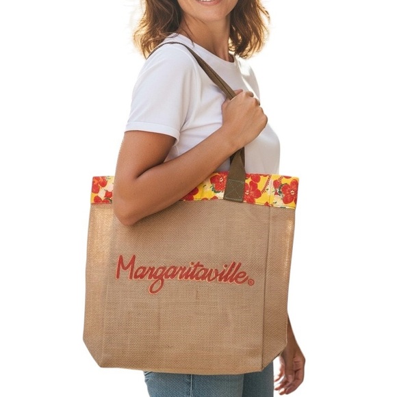 Margaritaville Tote Bag with Red Floral Trim | Jute Beach Bag | Vintage Style - Picture 1 of 4